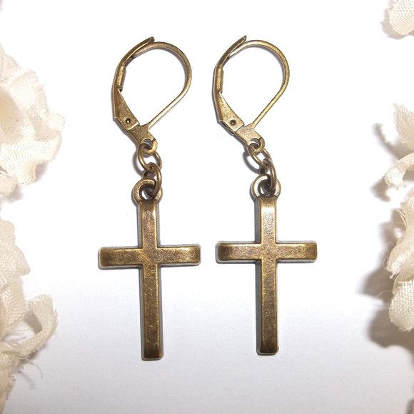 wvluckygirl Jewelry Bronze Cross Earrings Unisex Costume Jewelry